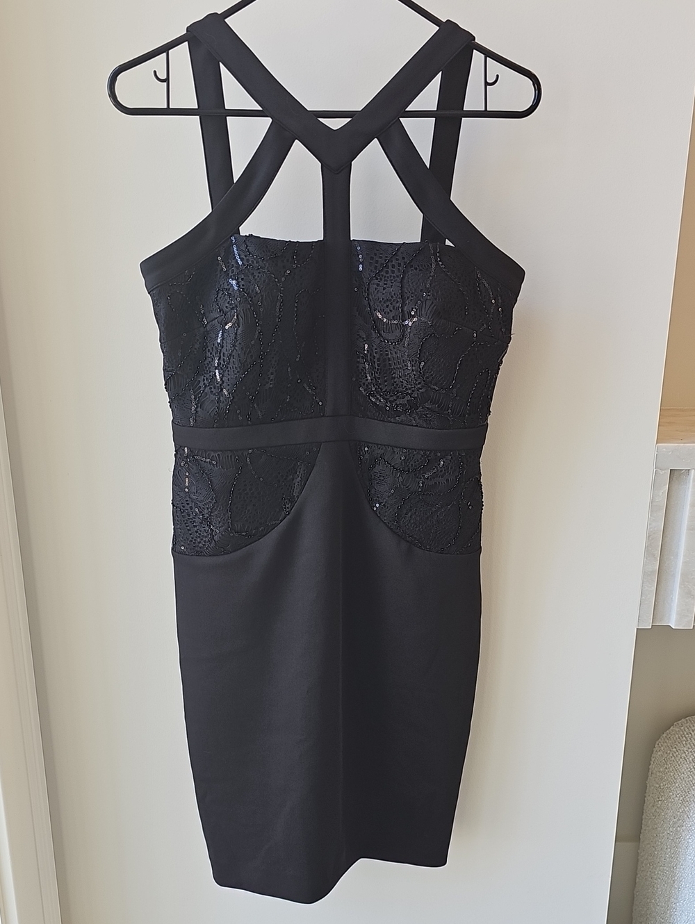 Calvin Klein Black Sequin Lace Neckline Accent Sheath Dress
